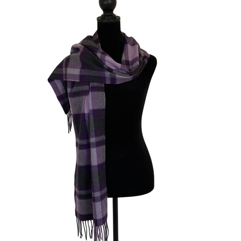 Saks Fifth Avenue Purple 100% Cashmere‎ Plaid Scarf Fringe 11x64 Classic Luxury